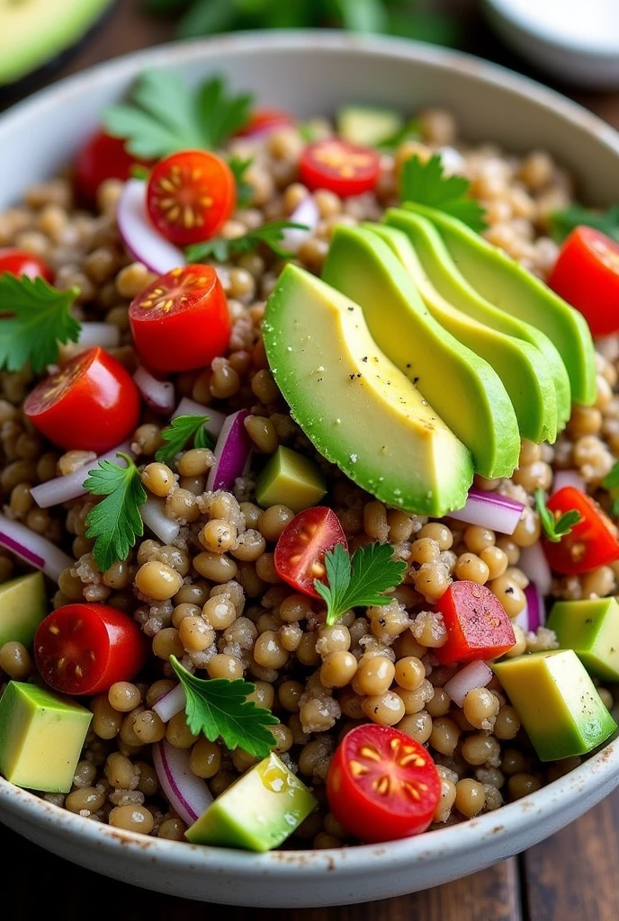 Create an image of this recipe: Lentil Salad with Avocado and Tomato Ingredients:
- Cooked lentils: 200 g - Avocado: 100 g
- Tomate: 100 g - Red onion: 50 g
- Cilantro fresco: 10 g - Olive oil: 15 ml - Lemon: 1 unit - Salt: 5 g - Pepper: 2 g Preparation:
1. Rinse the cooked lentils under cold water and drain well..
2. Peel and cut the avocado into cubes, y pica finamente el tomato, Onion and cilantro.
3. In a large bowl, Mix the lentils with the avocado, tomato, onion and cilantro.
4. Squeeze the lemon juice over the salad and add the olive oil., salt and pepper.
5. Mix well and serve at room temperature or cold..