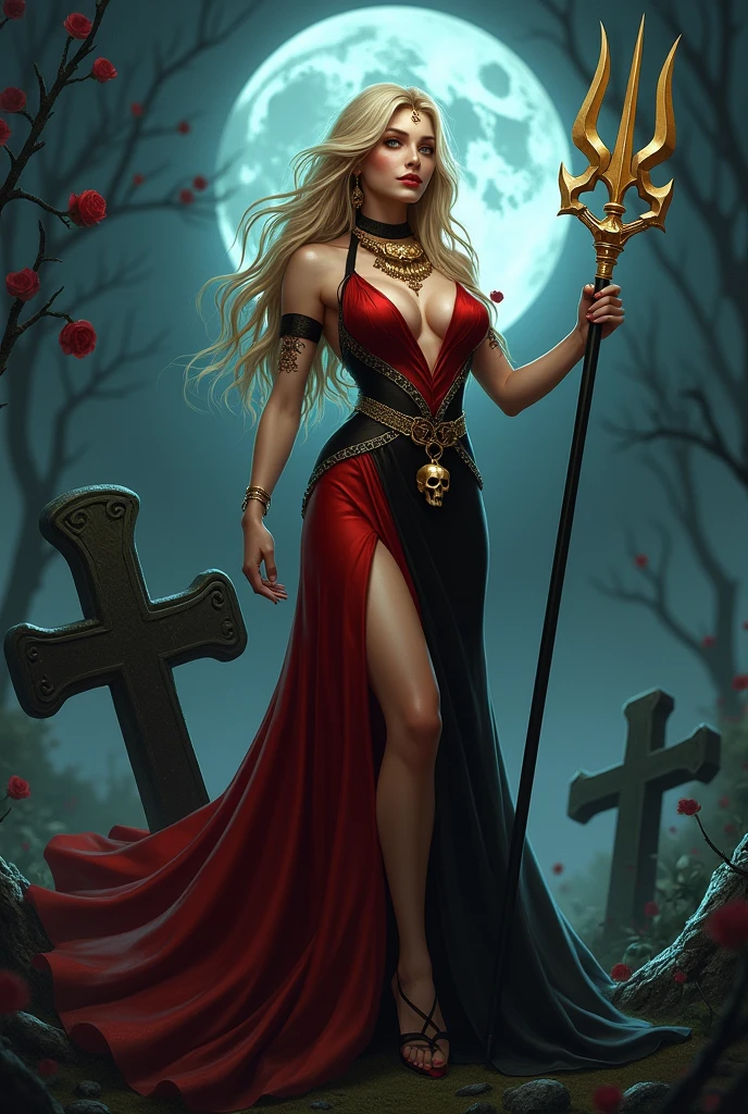 A woman with a beautiful body, gorgeous face, honey eyes, red mouth smiling, dark blonde hair down to the waist, wearing long red and black dress, golden jewelry, standing holding a trident, rosebud in hair, fullmoon, skull and cross necklace on cemetery cross, realisitic 