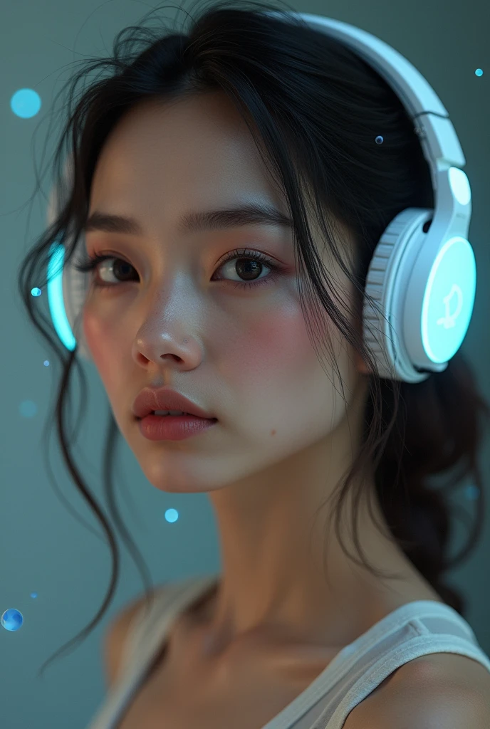 I want a beautiful woman with futuristic headphones and sensually and well-behaved. Put Vibrations as if she controlled them. also put a more low fi background