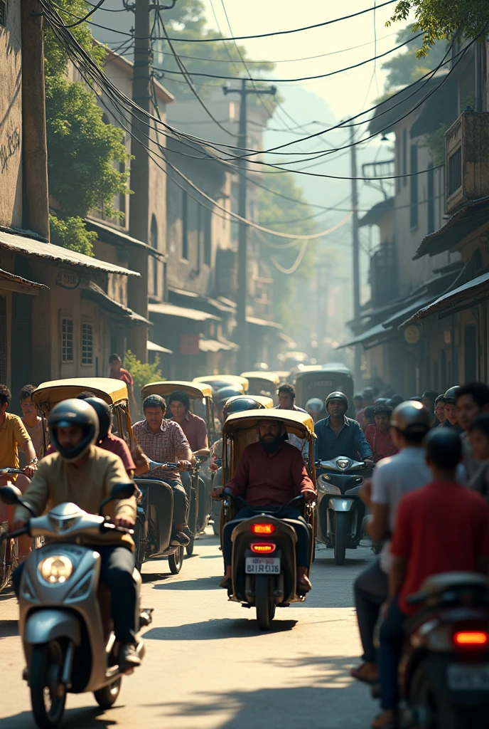 Side angle camera position, A hustle and bustle scene in a small town, pedicabs and motorbikes, traffic jams on the road, old wall with words written on it, people walking back and forth men women(Realism), (HdR).