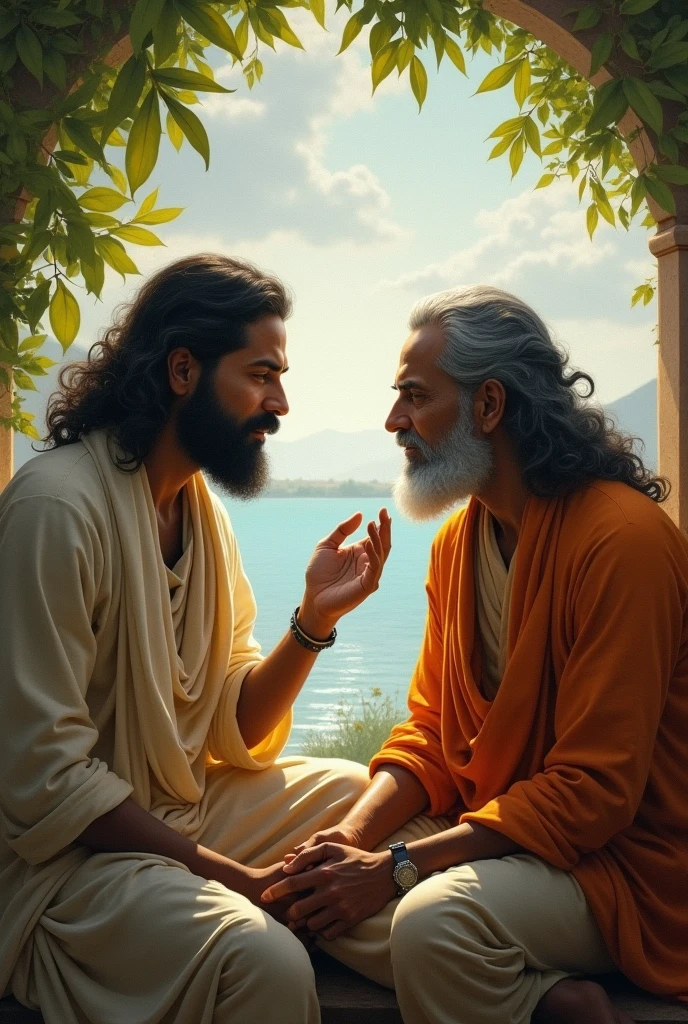 Depict Ramesh confiding in Krishna about his struggles with fear and greed in trading. Krishna should be portrayed with a gentle, understanding demeanor as he explains the psychology of the stock market, highlighting how it mirrors human emotions. Show Krishna teaching Ramesh the importance of detachment, discipline, and patience, using metaphors like a farmer waiting for the right time to harvest and the calmness of the ocean amidst rising waves.