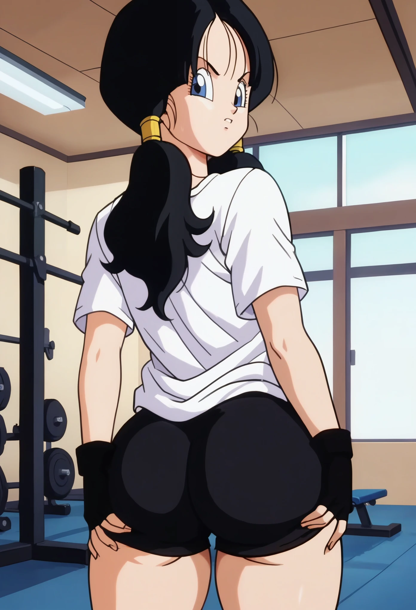 source_anime, score_9, score_8_up, score_7_up, anime screencap,
videldbz, 1girl, solo, looking at viewer, long hair, blue eyes, black hair, ponytails, ass, (((ass grab))), thick thighs, white shirt, gym, fingerless gloves, black shorts