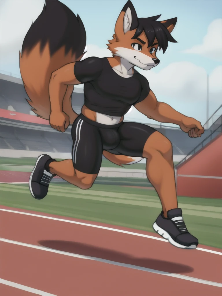 Furry, fox, male, black shirt, black spandex bike shorts, shoes, running track, solo, full body