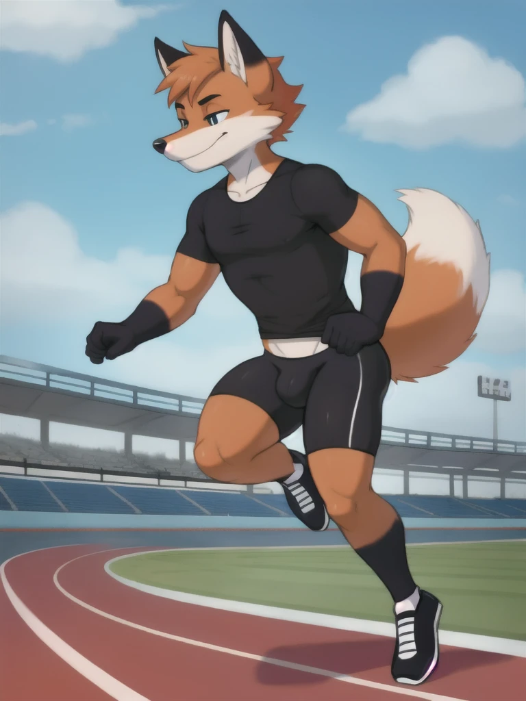 Furry, fox, male, black shirt, black spandex bike shorts, shoes, running track, solo, full body