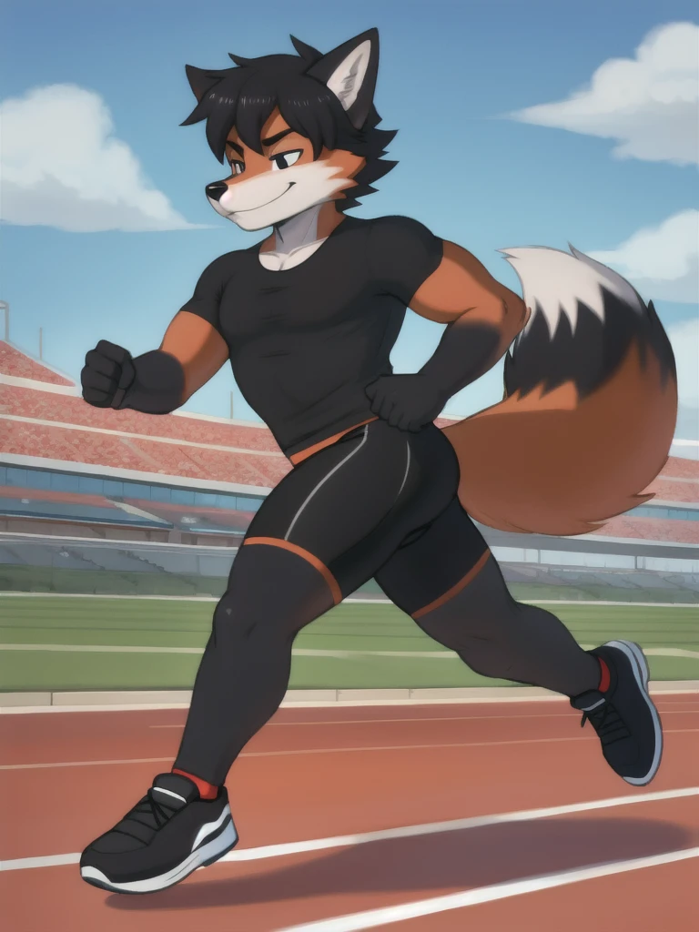 Furry, fox, male, black shirt, black spandex bike shorts, shoes, running track, solo, full body