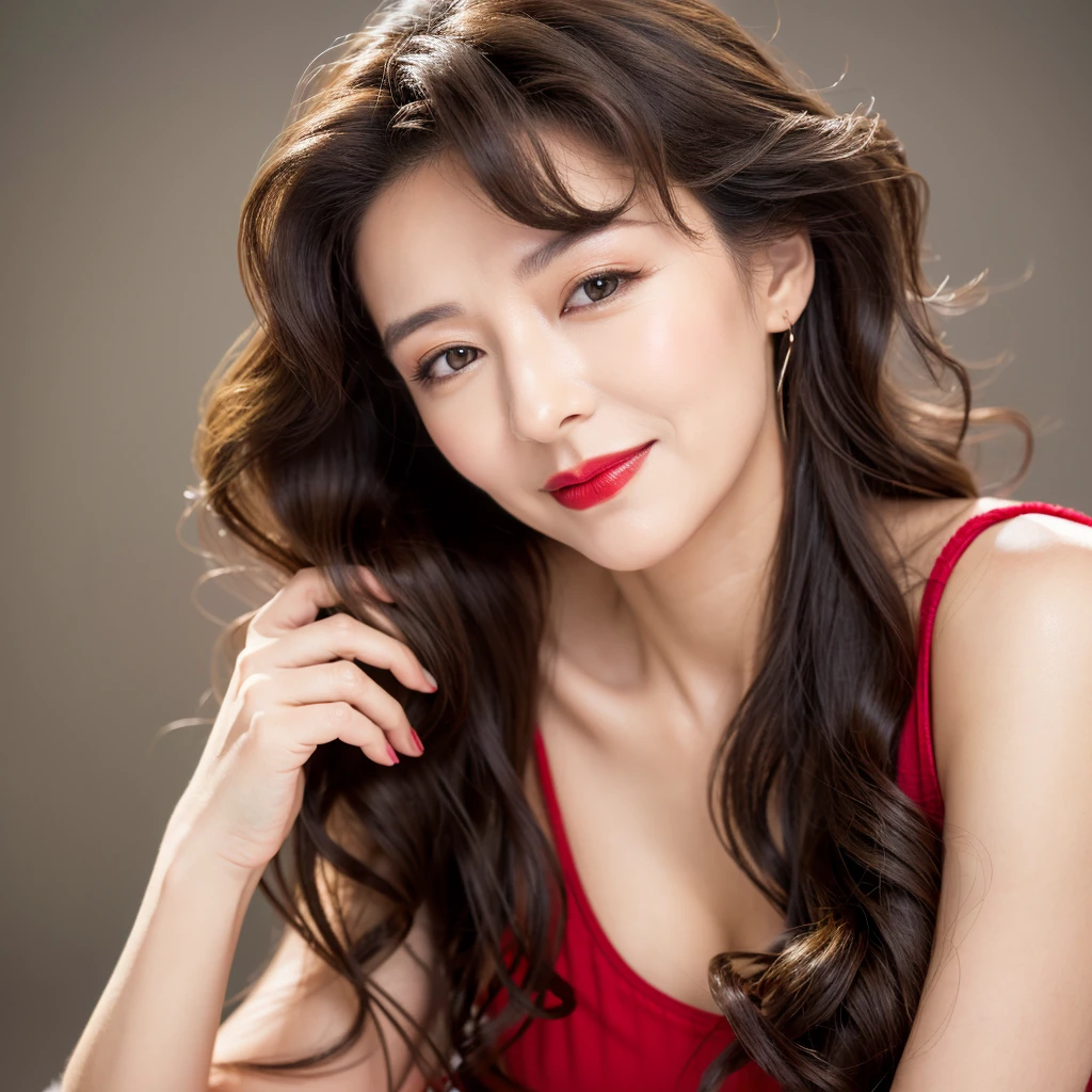 Beautiful mature woman with beautiful wavy long hair, Sexy Mature, Wink, Red lipstick, Ultra-high resolution,(Realistic:1.4), ((Highest quality)), ((masterpiece)), (be familiar with),