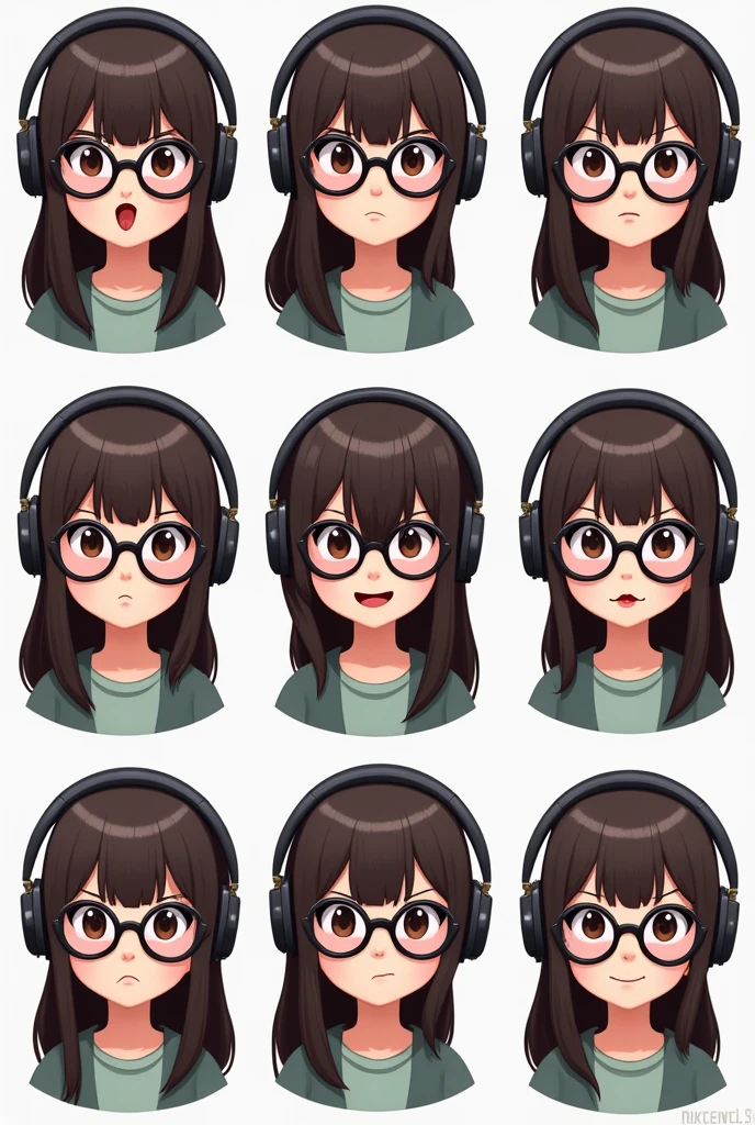 Several doll faces for emotes on twitch with different expressions separated from each other. Wearing round, clear, prescription glasses, long dark brown hair and no bangs in the hair, fringe NO, brown eyes and chubby cheeks and with a gamer headset on her head. Image with cartoon appearance.
Each image has a characteristic of a character from the online game Valorant..