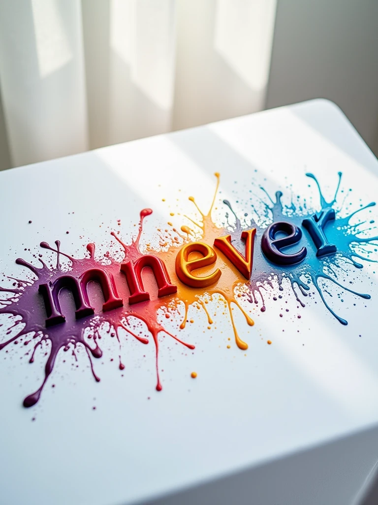 (high quality), (masterpiece), (detailed), 8K, Realistic photo captures (white sheet1.2) on (table1.0) with word "Mnever" formed by (vivid colored oil paint drops1.3). (Paint drops1.2) create dynamic contrast on (smooth white surface1.2). Shot with Canon EOS R5 and RF 85mm f1.2L USM lens, trending on National Geographic Photography.