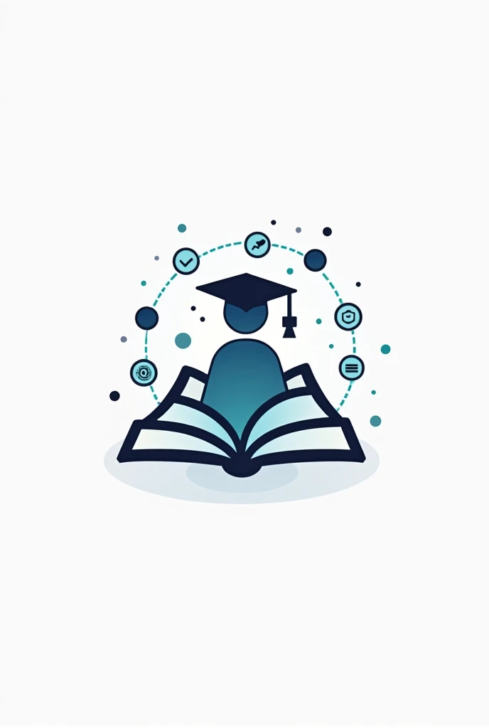 Generate a logo where a book and a person appear above in simple animation mode with a mortarboard, and some lines around it that imitate the connections and networks of technology. That it looks professional and at the same time it looks pretty, not realistic, if not it looks like it came out of canvas
