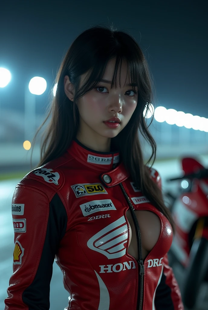 photo-realistic, (extremely beautiful Japanese boyish fat girl), professional motorcycle racer, trying to wear an extremely tight fitting motorcycle racer's outfits, at circuit at night, dramatic scene, masterpiece, (full body:1.3), very thin lips, beautiful eyes, Honda CBR1000RR,