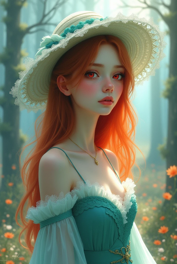 fantasy drawing, sketch, mystical, romantic, cold colors, 

young thin, young woman in turquoise princess dress and lace hat in the sun Features Redhead, red pupils, Porcelain skin, Long straight hair, abundant, fine rostrum, delicate body. 