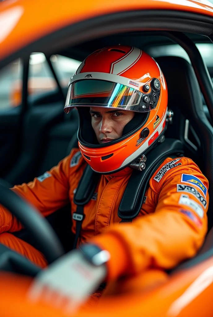 (photorealism:1.2), racecar driver, inside an orange sedan racecar, helmet, iridescent visor flipped up, realistic, intricate details