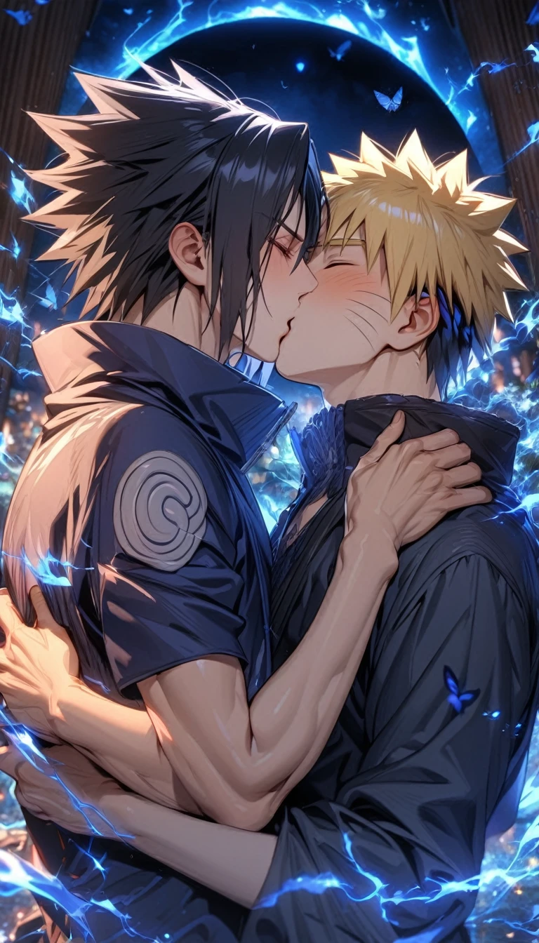 absurdres, highres, ultra detailed, HDR, master piece, best quality, extremely detailed, detailed face, Uchiha Sasuke, black hair, closed eyes, Naruto Shippuden, Uzumaki Naruto, blonde hair, closed eyes, two men sharing a kiss on the lips, yaoi, gay couple, in love, handsome, dark blue coat with high collar, blue vest, black shirt, magic, magical, fantasy, blue lightning, blue flames, blue moon, blue fireflies, blue roses, blue butterflies, glass magic