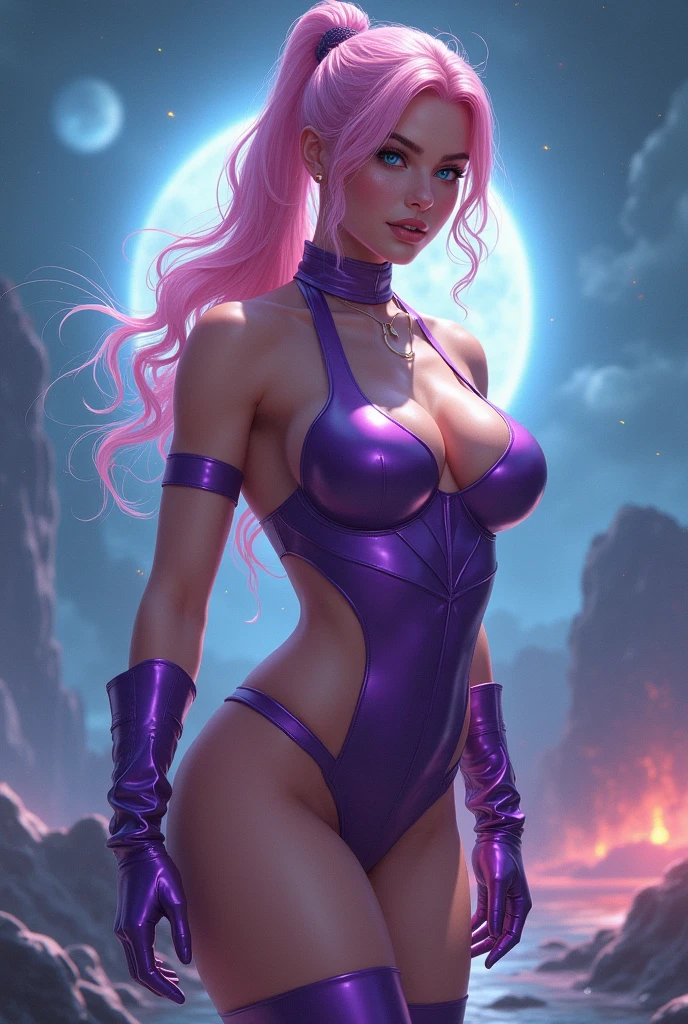 (Best quality, High resolution, Highly detailed, Actual), (Long wavy pink hair), (ponytail 1.2), (light blue eyes 1.2), (20 years old, height 180 cm, weight 80 kg), (Huge Round Implan breasts), (busty), (A colored one piece lingerie style outfit made of shiny rubber/latex with thigh high boots attached to the rest of the outfit with garters.: 1.4), purple latex stockings, and purple open high heel boots, (background on a planet that is about to end 1.4), (muscular shoulders), (muscular ultraviolent woman), (muscular 1.4), (hourglass body), epic fantasy art style hd, fantasy art 4K, epic fantasy digital art style, epic fantasy art style, Fantasy Woman, epic fantasy art portrait, epic fantasy style, hyperrealistic fantasy art, fantasy art hd, epic fantasy character art, epic fantasy art, high quality, (raw photo, best quality), (realistic, Photorealistic: 1.4), (very nice and Beautiful: 1.4), Amazing, fine detail, masterpiece, Very detailed, high resolution, best illustration, best shadow, intricate, (very intricate: 1.2), (very detailed skin), cinematic light, Perfect anatomy, (cool color: 1.4), Sharp focus, 8K UHD, DSLR, (Fujifilm skin texture: 1.4, masterwork: 1.8, masterwork, best quality, Object Objects], (facial detail features: 1.3), (correct proportions), (beautiful light blue eyes), (((85mm F/1.4)), ((vaquero pose: 1.4)),(medium body pose), (perfect detailed anatomy :1.4), (white transparent plastic mechanism cyborg :1.4), (transparent plastic cyborg mechanical assembly :1.4), (round big breasts 1:4), (very beautiful face 1:6)