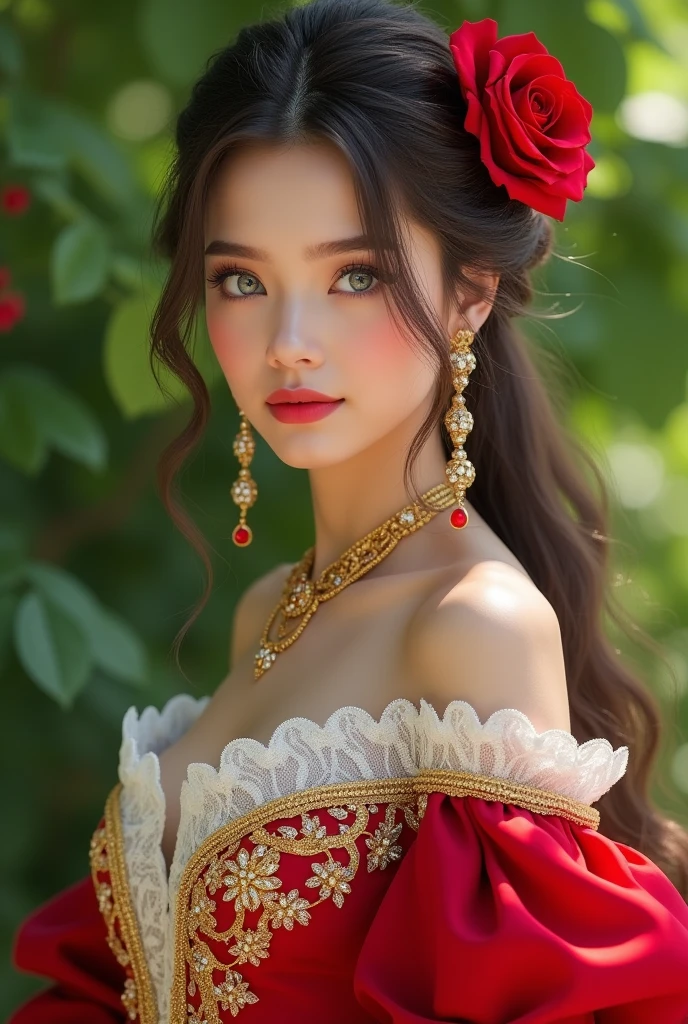 Woman Jennifer connelly Young 20 years old model long hair Brow bun with red rose in hair n blue eyes dress red golden arabe ruffles white lace long golden earrings diamonds in park 