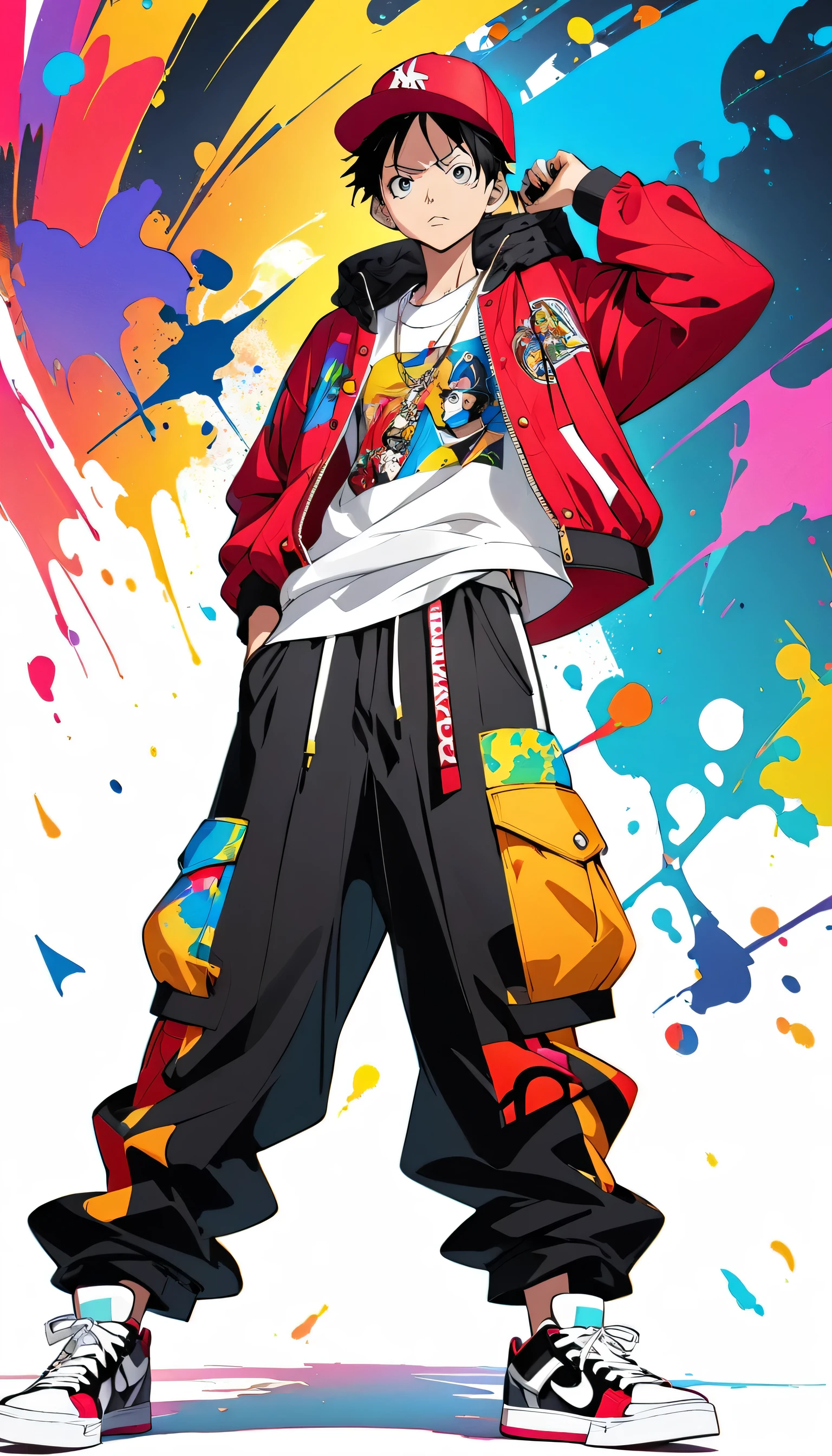 MAKE ME AN ANIME CHARACTER NAMED "LUFFY" WEARING HIP-HOP CLOTHES, AND HIP-HOP TROUSERS. WITH A BACKGROUND OF SCATTERED ABSTRACT COLORS.