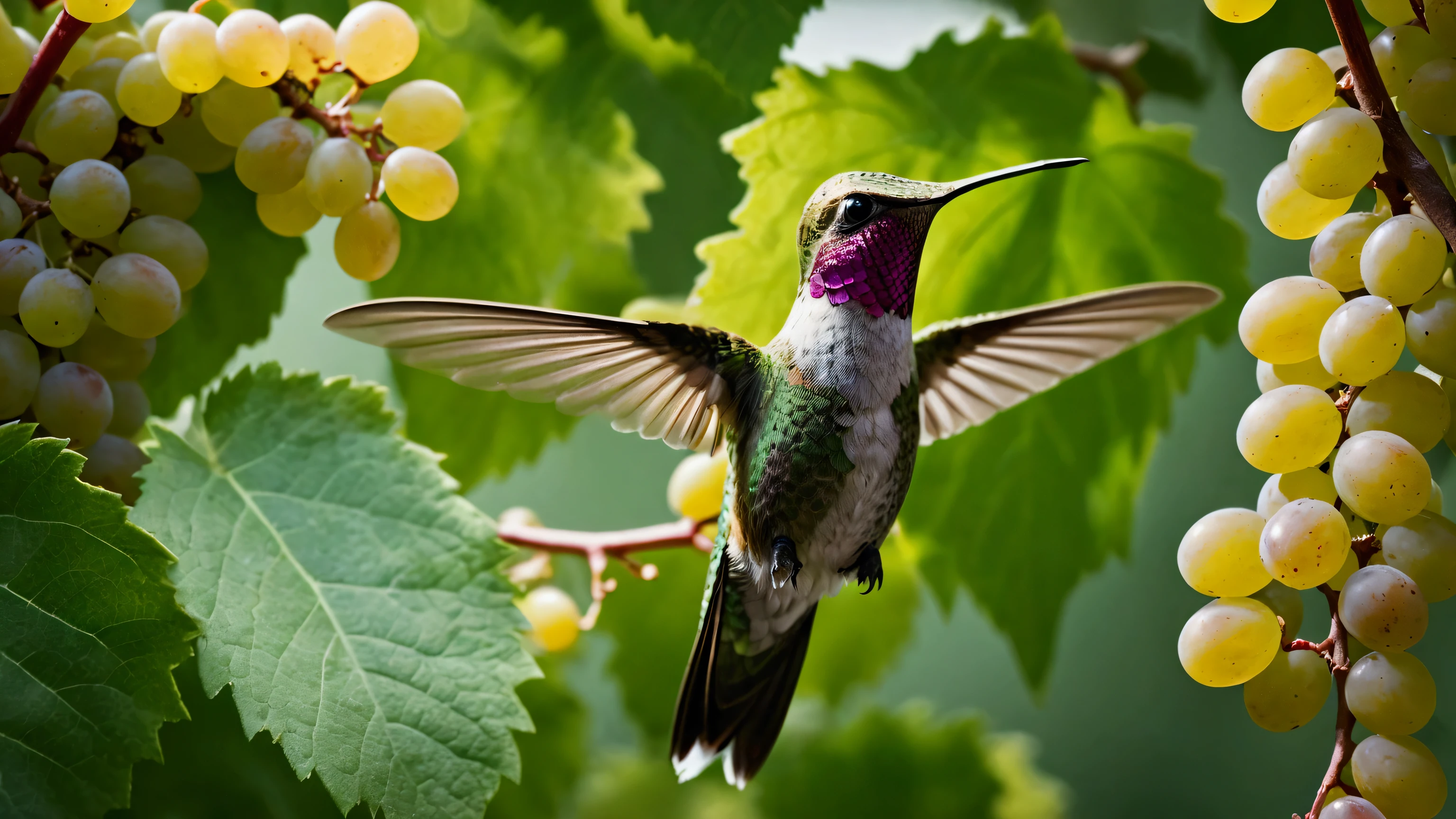 Ultra-high-definition 8K close-up photo of a hummingbird captured in motion, wings spread as it approaches a grapevine branch. The bird is in a beautiful pose, surrounded by lush green leaves and clusters of nearly ripe grapes.
