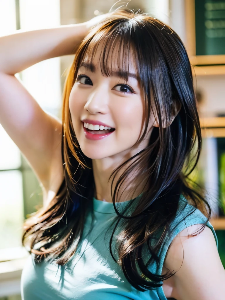 (Ultra HD、Ultra-high resolution、8k、Japanese Housewife、In the kitchen)、Attention in the armpits、((Viewer:1.8))、(Extremely realistic skin texture:1.4)、(Realistic:1.3)、(smile:0.4)、20-year-old female、Long Black Hair、(Lift one arm and show your armpit:1.3)、(Face close-up:1.34)、(Sweat:1.4)、Nipples are visible、Showing off nipples、Sticking out tongue