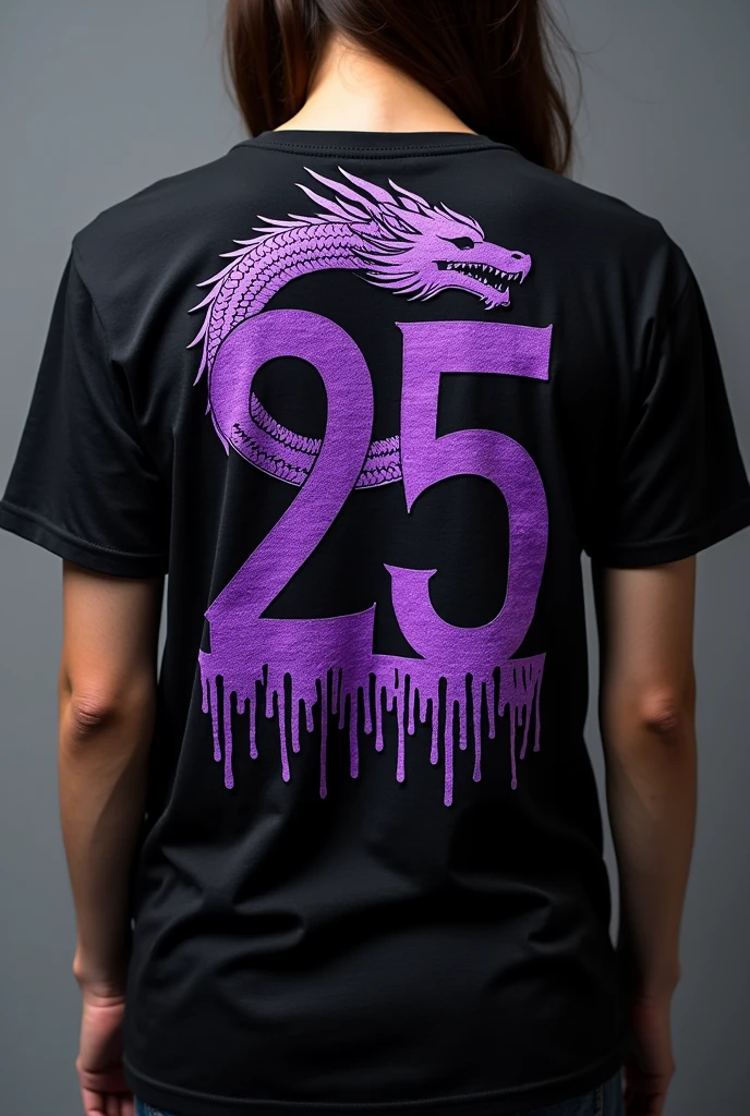black t-shirt , with lilac flame details on the bottom , with a purple dragon on the back embracing the number 25 , and with the phrase "the beginning of an unforgettable ending" at the bottom back