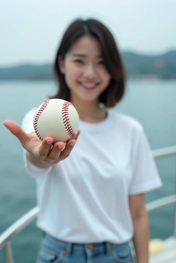 Highly realistic 8k photos, sea background, standing on a boat, One hand is raised to the side and a baseball is placed on the palm., Korean woman, Wearing a white t-shirt and jeans, standing face to face, Looking at the camera, short hair, A little smile,