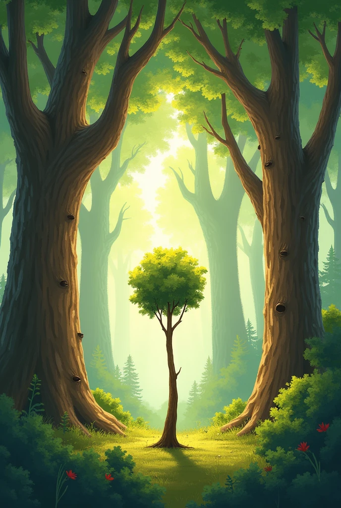 A tree stretching its branches while other trees laugh at it for being small
