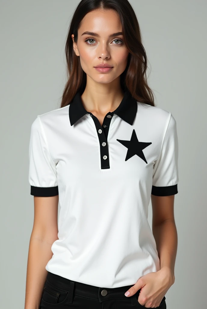 White women's polo shirt with a black collar and black sleeves with a star on the front