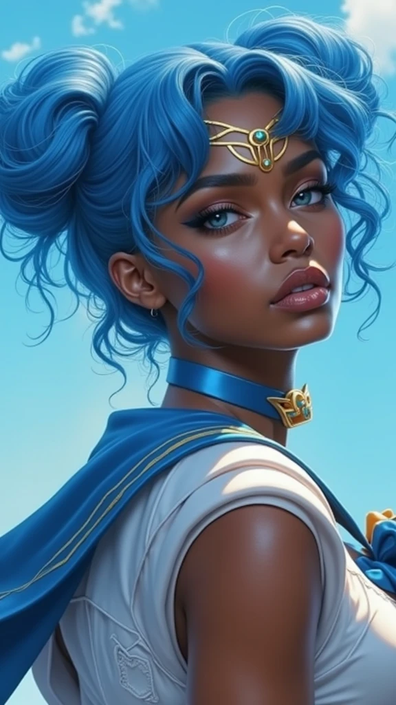 Sailor Mercury  with blue hair and a blue cape on her head, artgerm jsc, portrait knights of zodiac girl, extremely detailed artgerm, ross tran 8 k, in the style of ross tran, artgerm julie bell beeple, by Ross Tran, ross tran style, alena aenami and artgerm, inspired by Ross Tran, high quality, (RAW photo, best quality), (realistic, photorealistic: 1.4), (extremely delicate and beautiful: 1.4), amazing, fine details, masterpiece, ultra detailed, high resolution, best illustration, best shadow, intricate, ( extremely intricate: 1.2), (exquisitely detailed skin), cinematic light, perfect anatomy, (cool color: 1.4), sharp focus, 8k UHD, DSLR, (Fujifilm XT3),(dark ebony skin:1.4),( iluminación cinematográfica :1.4) 