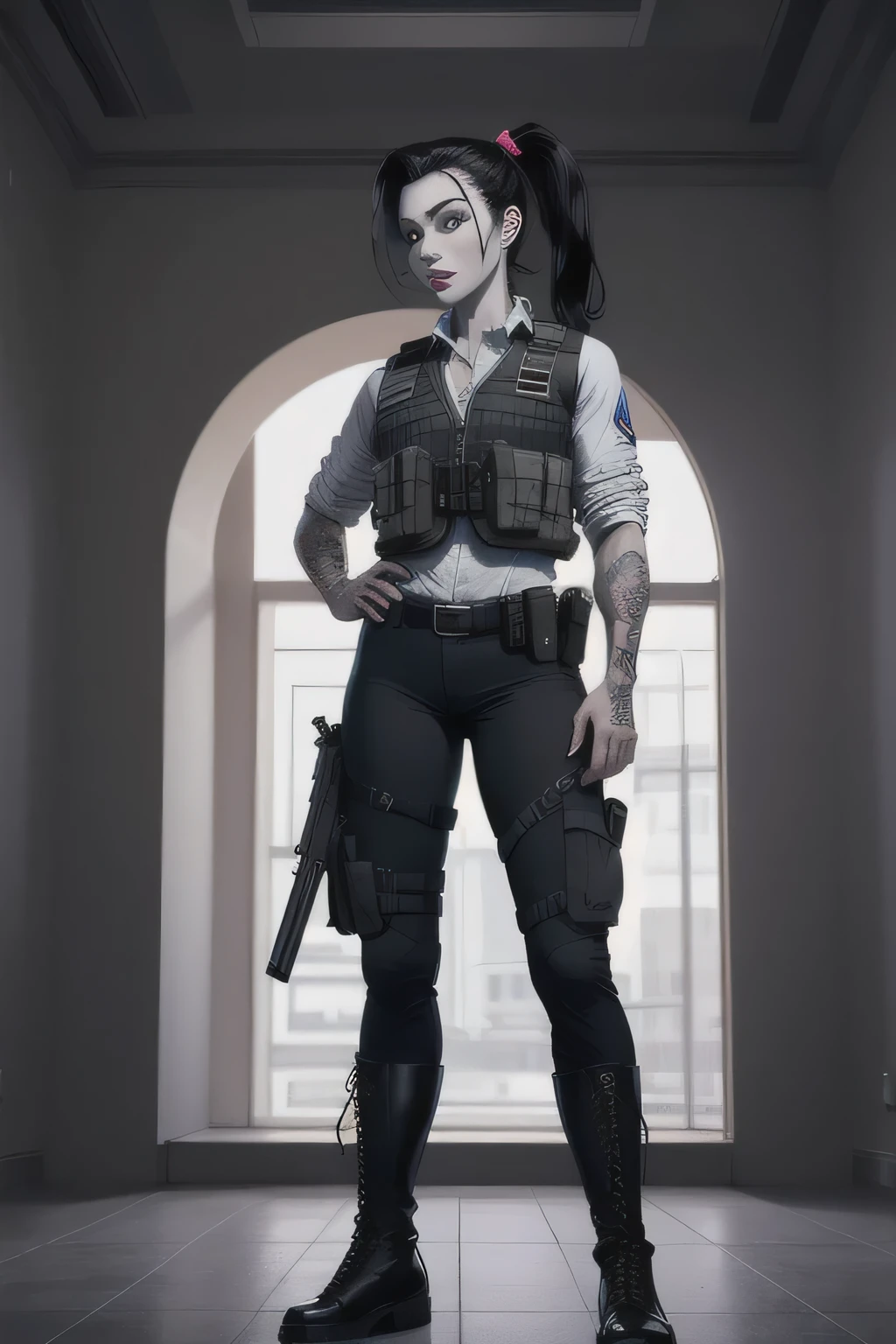full-body, female, fbi agent, bulletproof vest, cargo pants, black hair tied up in a pony tail, white skin, tattoo in her left sleeve, gun holster, black urban boots