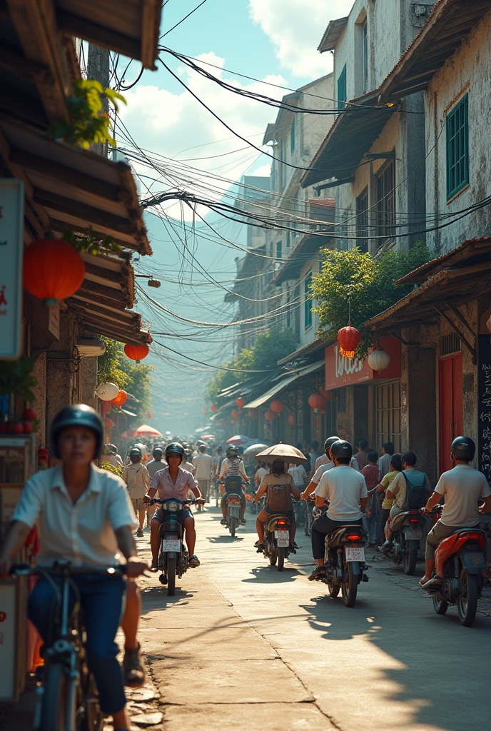 Side angle camera position, View of shops and shophouses in a small town, pedicabs and motorbikes, traffic jams on the road, old wall with words written on it, people walking back and forth men women(Realism), (HdR).