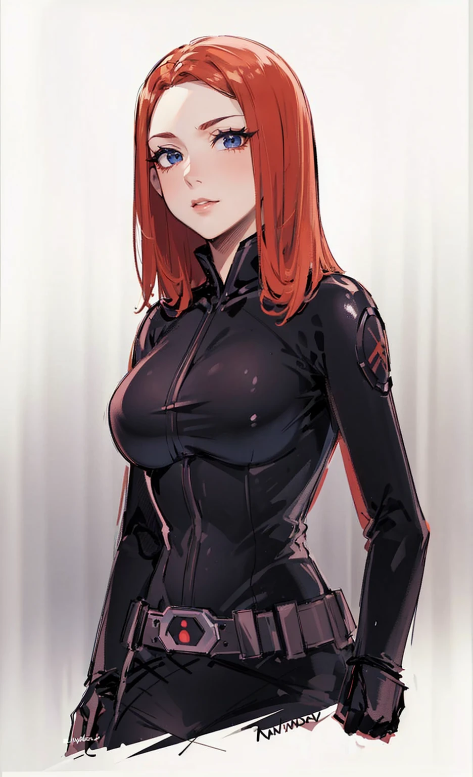 The image depicts Black Widow. She is illustrated with bright red, shoulder-length hair and blue eyes, and is clad in a sleek skin-tight shiny black latex bodysuit with a black silver zipper running down the front. The suit is complemented by her shiny iron wrist guard on both wrists and a metal belt with a buckle that features a red hourglass mark. Her gaze is intent and directed off-screen, implying alertness and focus on an unseen threat or target. She appears with a cute smile on her face. The atmosphere of the image conveys confidence and resilience, characteristics synonymous with the Black Widow persona. The background of the image is an off-white color, which creates a subdued and timeless ambiance.