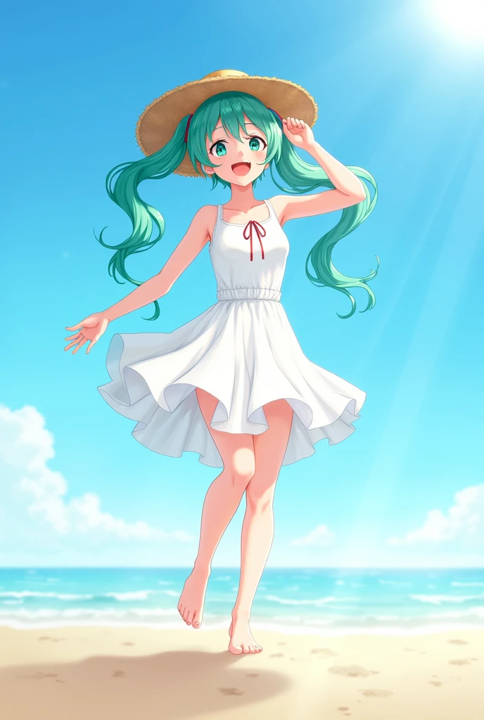 Under the midsummer sunshine、Holding his straw hat so it wouldn&#39;t fly away in the wind、Wearing a short white dress、Hatsune Miku with a cute smile and fluttering skirt