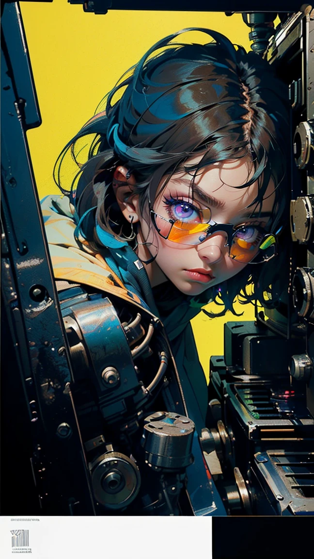 (((masterpiece, highest quality))),(((solo:1.2))),(((1girl:1.2))),32k wallpaper, very detailed, poster, vintage science fiction,(((((geometric cinematic movie poster))))), ((bauhaus)),(shape),(((abstract))),(mid century modern),movie poster,(((((portfolio))))),(((((Close-up))))),(((((bust up))))),((((more various angle)))),((((highlight)))),((((heterochromia)))),(((complete. detailed face))),((((Extremely talented)))),(((((most complecated futristic machine))))),(Colorful color scheme),(((detailed unlimited mechanic complete goggle))),(((Absolutely DAISYyellow background)))