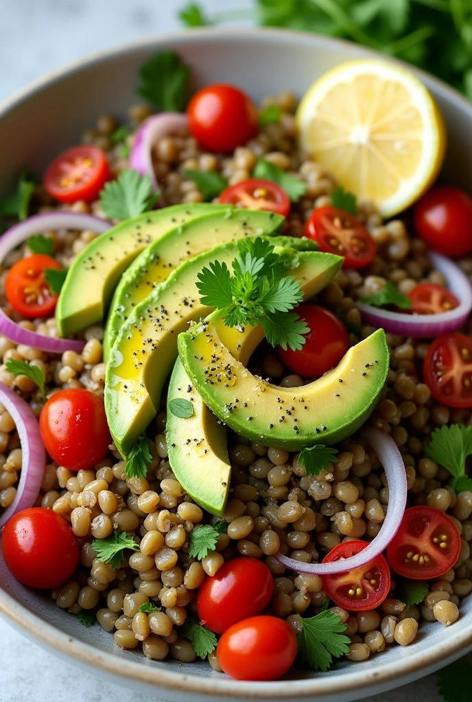 Create an image of this recipe: Lentil Salad with Avocado and Tomato Ingredients:

- Cooked lentils: 200 g - Avocado: 100 g
- Tomate: 100 g - Red onion: 50 g
- Cilantro fresco: 10 g - Olive oil: 15 ml - Lemon: 1 unit - Salt: 5 g - Pepper: 2 g Preparation:

1. Rinse the cooked lentils under cold water and drain well..

2. Peel and cut the avocado into cubes, y pica finamente el tomato, Onion and cilantro.

3. In a large bowl, Mix the lentils with the avocado, tomato, onion and cilantro.

4. Squeeze the lemon juice over the salad and add the olive oil., salt and pepper.

5. Mix well and serve at room temperature or cold..
