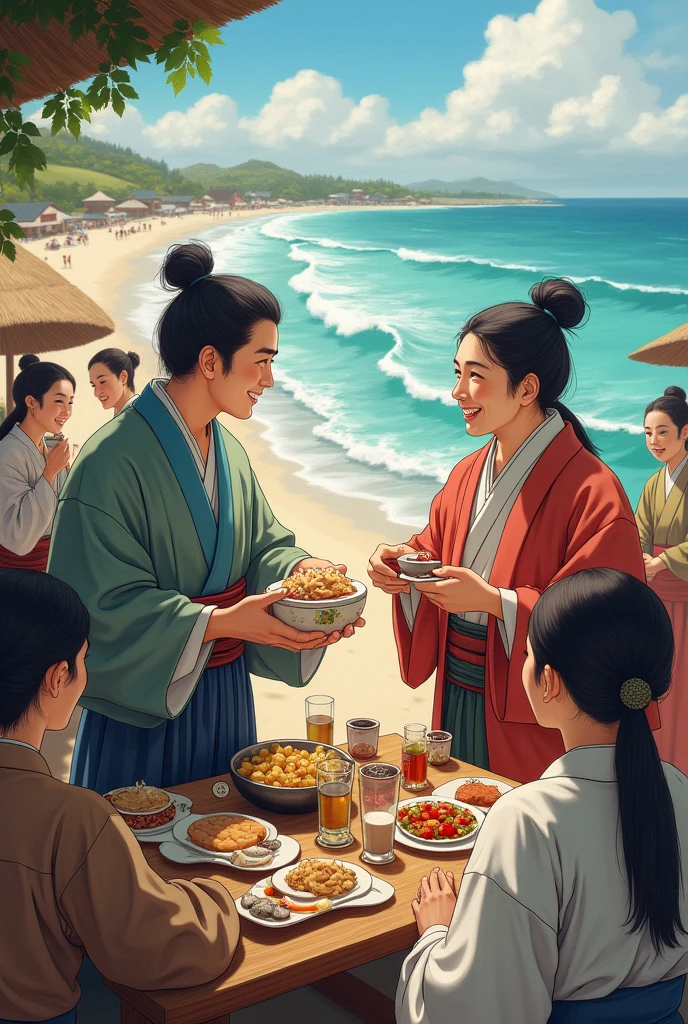 Edo Period Japanese farmers offering food and drinks to Korean merchants A party at the beach joyful
