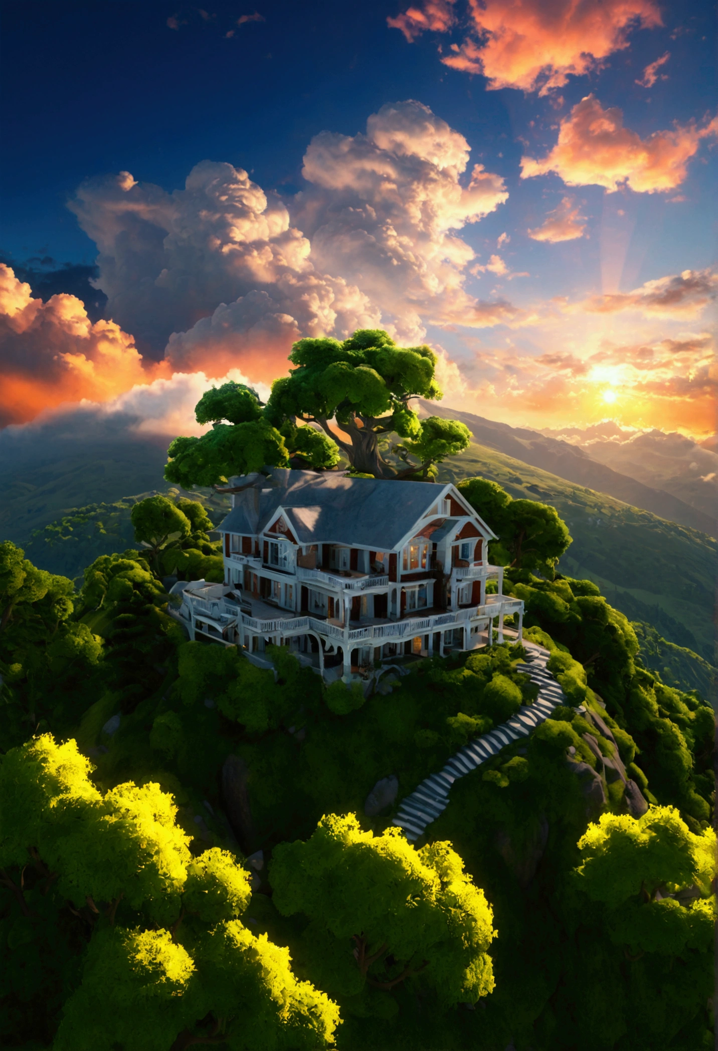 summer sky,photorrealistic,highly realistic,extremely details,stunningly lifelike,high contrast realism,high saturation realism,swirly vibrant colors,dramatic lighting,captivating landscape,compelling narrative,atmospheric scene,Mesmerizing visuals,details Intricate,strong emotions,beleza celestial,dream world,house on the mountain,sunrise, TREES! white clouds!