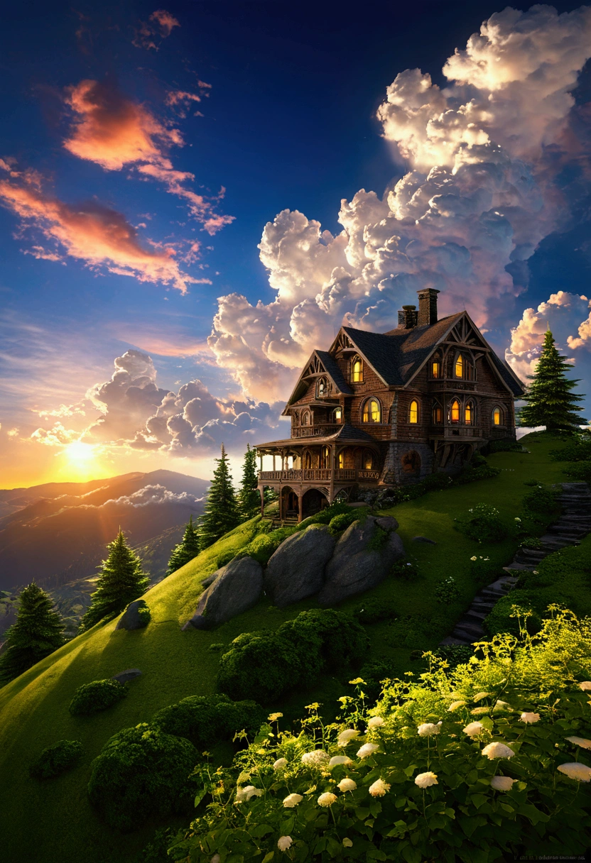 summer sky,photorrealistic,highly realistic,extremely details,stunningly lifelike,high contrast realism,high saturation realism,swirly vibrant colors,dramatic lighting,captivating landscape,compelling narrative,atmospheric scene,Mesmerizing visuals,details Intricate,strong emotions,beleza celestial,dream world,house on the mountain,sunrise, TREES! white clouds!