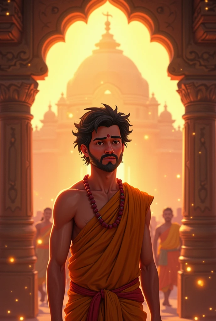 In the final scene, illustrate Ramesh leaving the temple with a peaceful expression, symbolizing his newfound clarity and wisdom. The festive atmosphere of Janmashtami continues in the background, reinforcing the message that true success lies in mastering the mind and approaching challenges with balance and wisdom."
