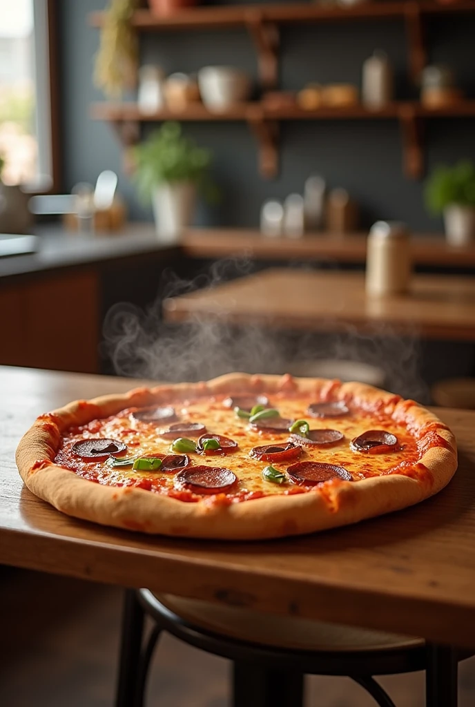 Photo of a pizza on the table ,  most realistic
