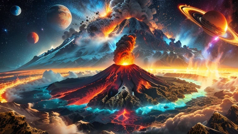 a view of a volcano with a lot of lava and planets, volcano exploding, volcano eruption, volcanic eruption, amazing volcanic eruption, volcano landscape, volcano background, amazing wallpaper, volcano setting, erupting volcano, volcano, magnificent background, Very detailed 4k hd wallpaper, volcano, highly detailed digital art in 4k, volcanos, erupting volcano in distance