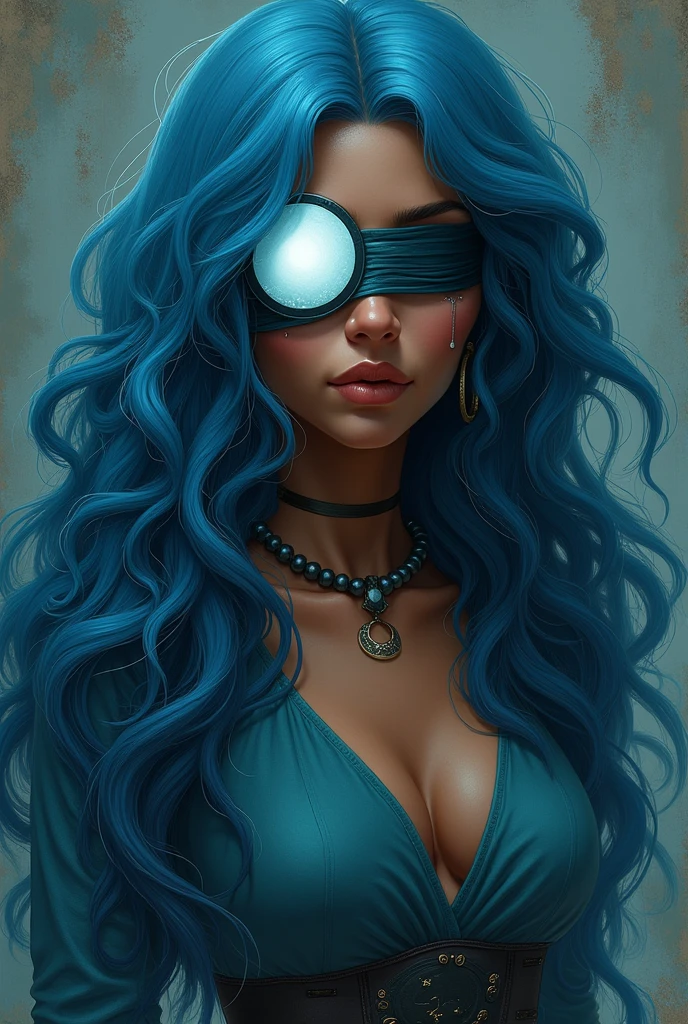 Woman with one opaque white eye due to blindness and a patch on the other eye. Lapis blue wavy hair and cinnamon brown skin. Uses telekinesis abilities.