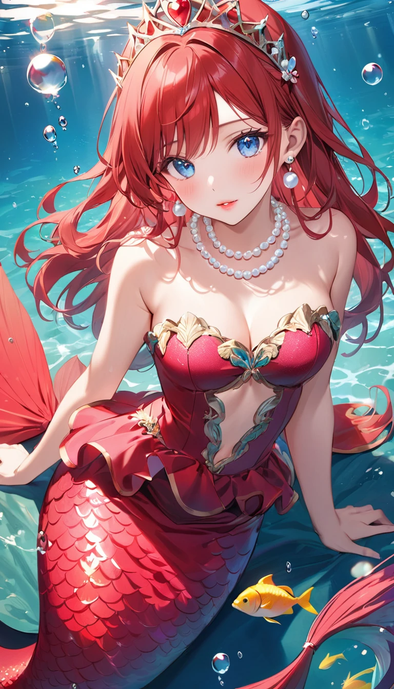 A red-haired mermaid princess。She has blue eyes、Red hair and pale pink lips。She wears a pearl-decorated tiara on her head.,Pearl earrings on the ears,A pearl necklace on her neck。Her body seemed to be surrounded by water.,There are bubbles and water droplets around。The fish's tail looks like a long flowing skirt。The whole picture gives people a mysterious and dreamy feeling。Add some details,Make the picture richer,Clear facial features,primary color,High-definition quality,high quality,masterpiece,best quality,Ultra Detailed,Adding details,high resolution,Clarity Enhancement,Detail Enhancement,极high resolution