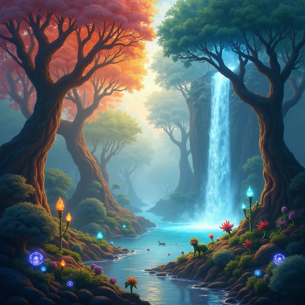 "Visualize a mystical forest where each section is dominated by a different element—earth, water, fire, and air—all seamlessly blending into one another. In one area, giant trees with crystal-like bark sprout from the ground, their roots intertwined with glowing gemstones and minerals. Nearby, a cascading waterfall made entirely of liquid light flows into a serene lake, reflecting a sky ablaze with soft, dancing flames. In the distance, wind sweeps through the air, forming swirling, translucent pathways that connect each element. Exotic creatures, part flora, part elemental beings, roam this vibrant landscape, glowing softly in harmony with the elements around them."