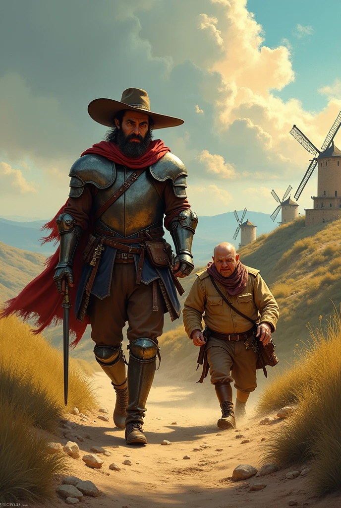Don Quixote walking with his squire