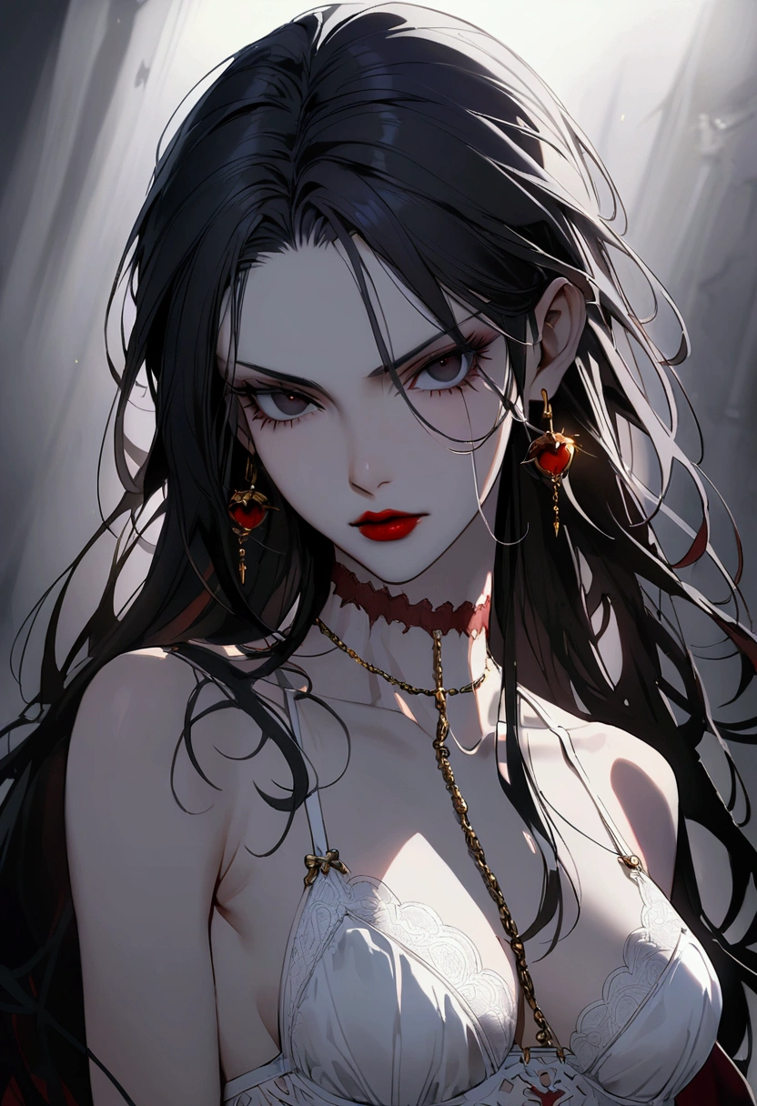 A vampire girl with black hair, black eyes, skinny, fair skin, red lips and a drop of gray hair hanging from her chin, wearing only white lace lingerie, loose hair and golden earrings like her chain, with a defiant look and a red scar on her neck. 