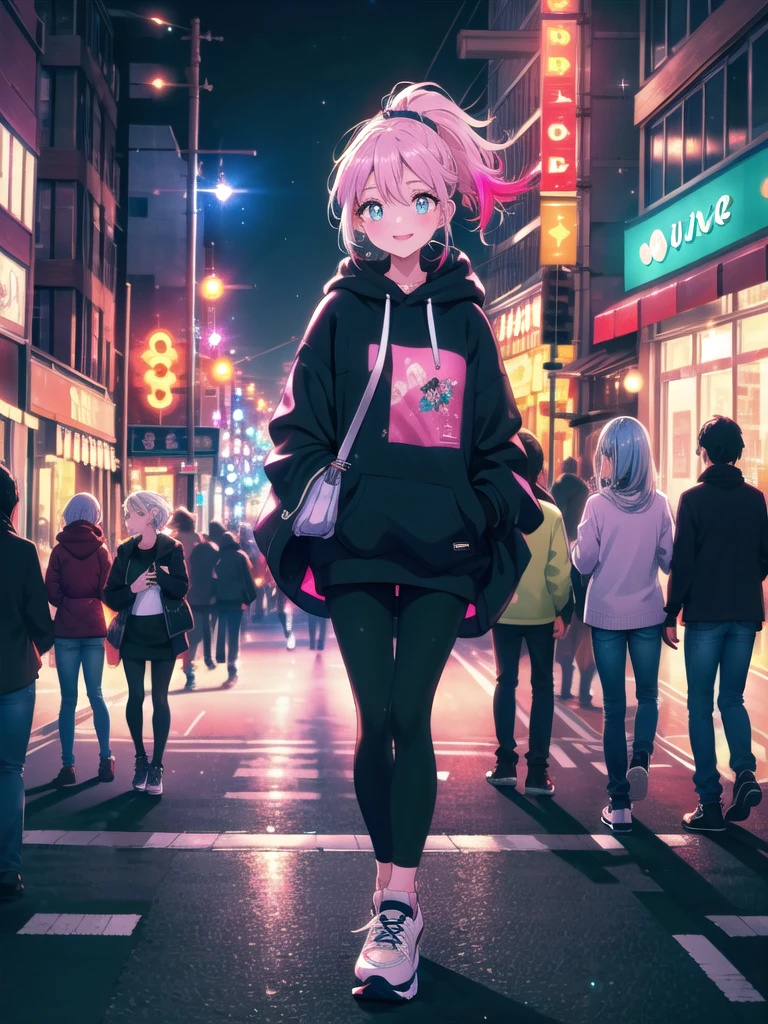 ((8k, Highest quality, masterpiece: 1.3)),Ultra-high resolution,(1 girl, alone), (Color changing eyes, Ultra-detailed, Expressive brilliance, Glitter, Glowing Eyes), Highly detailed eyes, Highly detailed face, Random Hair, ((pastel colour))Taking a Stroll in the City
The woman is walking down a bustling city street, dressed in a trendy oversized hoodie, black leggings, and stylish white sneakers. Her hair is pulled back into a sleek ponytail, and she carries a small crossbody bag over her shoulder. The evening lights of the city create a vibrant backdrop, with neon signs and streetlights casting a colorful glow over the scene. She looks at the camera with an excited smile, her eyes sparkling with the energy of the city around her. The street is lined with shops, cafes, and restaurants, with people bustling about, enjoying the lively atmosphere. She pauses for a moment, turning towards the camera with a playful expression, as if inviting her boyfriend to join her on this urban adventure.