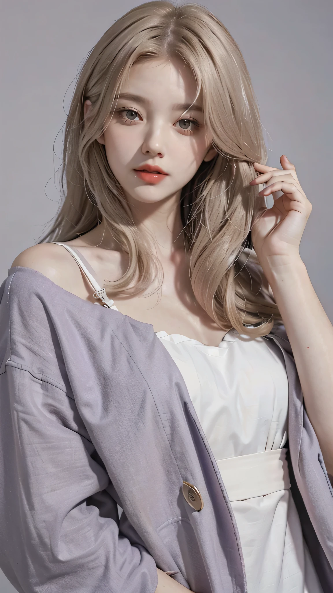 Girl wearing, luxury lavender coat, shoulder length hair, wavy hair, glowing skin, star in eye, red lips, grey  background, cute poses , upper body, light blonde hair.
