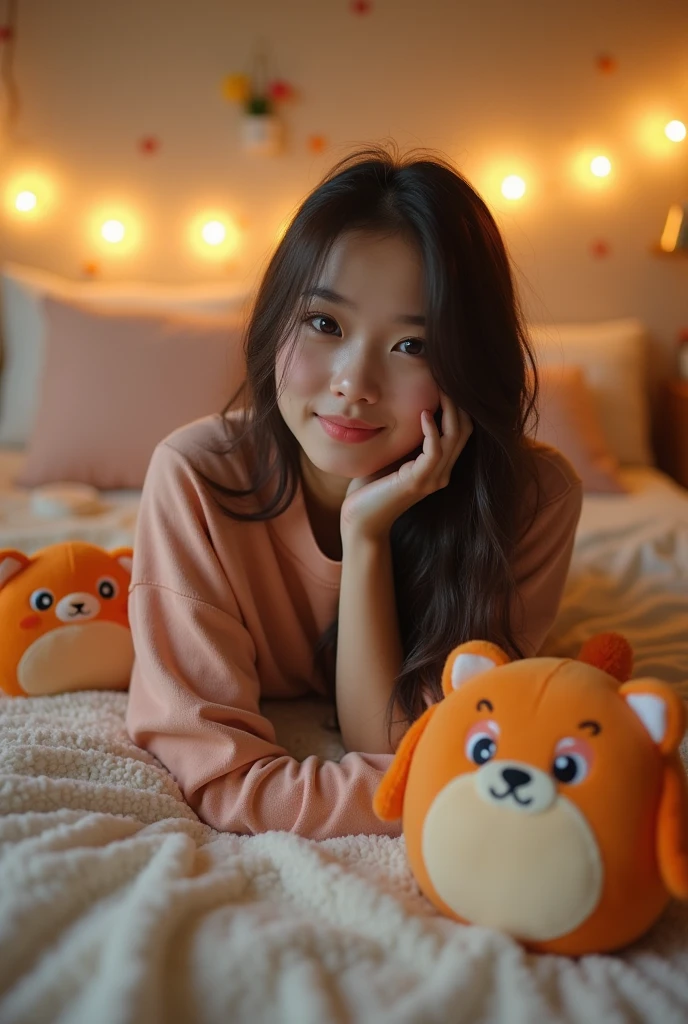  thai  girl laying in bed posing for a tiktok profile with umaru chan merchandise 