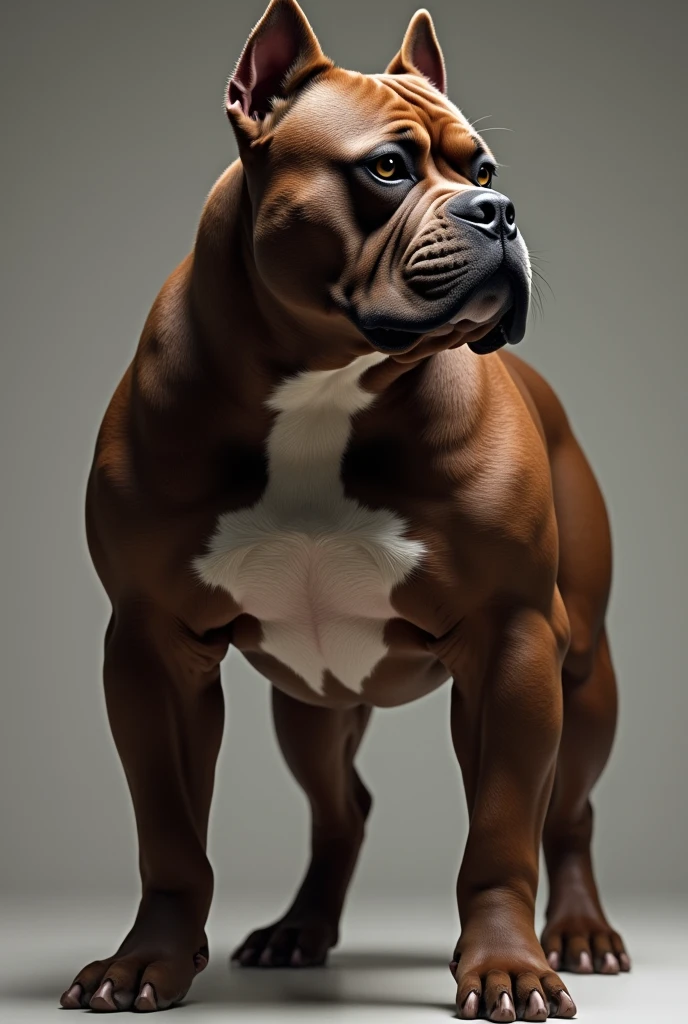 Chocolate brown American bully with muscular arms ,broad chest,operated ear , Big head ,eyes browns ,veins pulsating and marked in the muscles when in the profile position