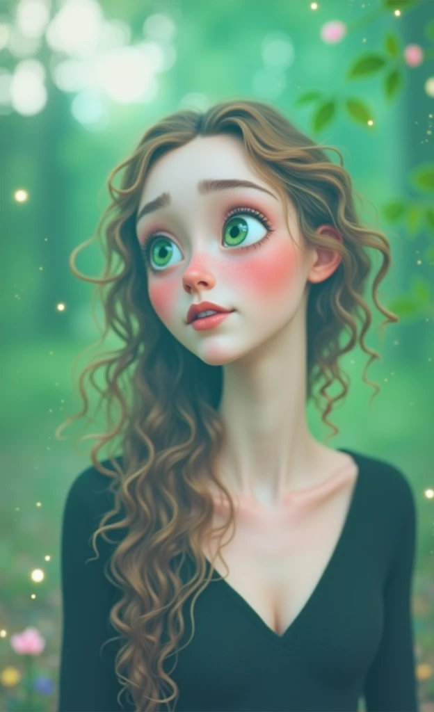 Create pixar image. A girl with long curly hair. White pale skin. Long thin nose. Green eyes.