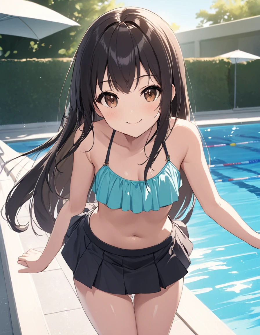 Girl, cute, adorable, smiling, straight hair, long hair, black hair, brown eyes, standing, Swayback stance, looking at the camera, From the front, from thighs to head, pool, daylight,Skirt-style-bikini